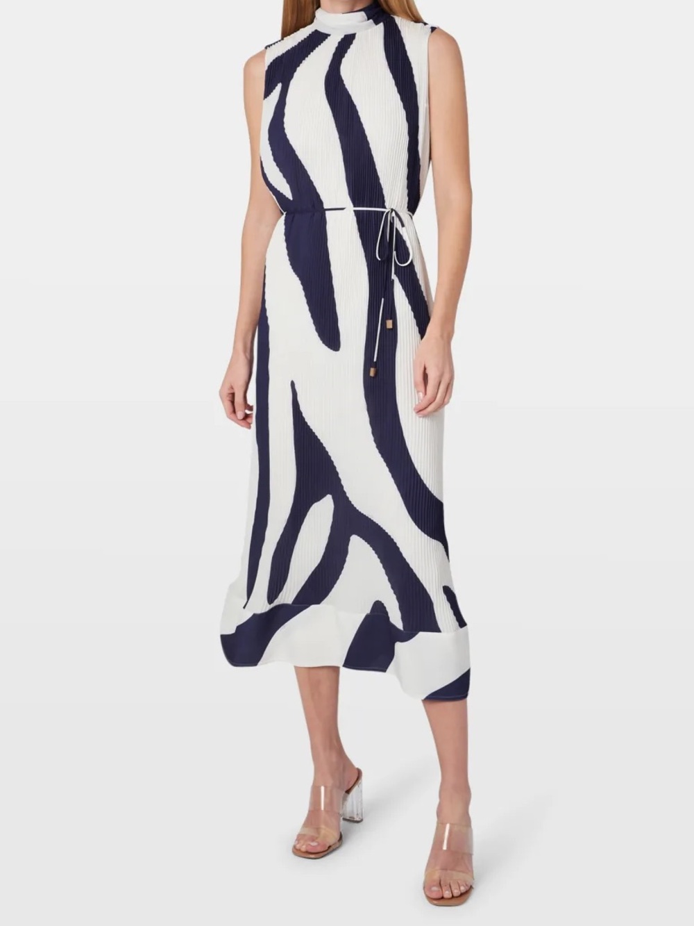 Milly Melina Zebra Dress Black and Cream Pleated V-Neck Dress